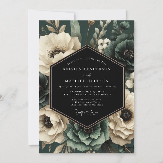 Convite Casamento Floral Romance Esmeralda Moody (Frente)