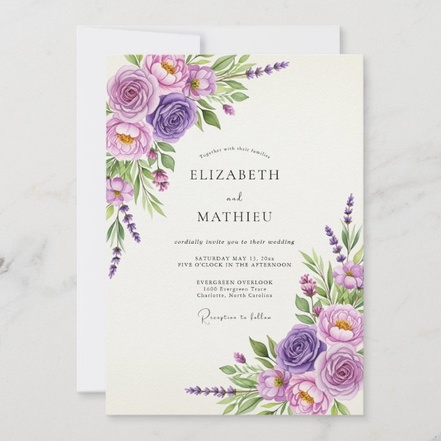 Convite Casamento Floral Romance Lavanda Rosa (Frente)