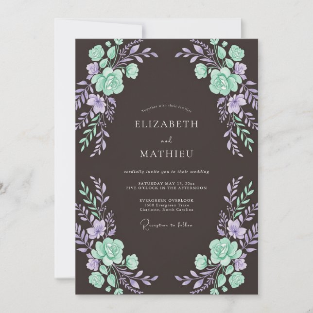 Convite Casamento Floral Romance Lavanda Turquesa (Frente)