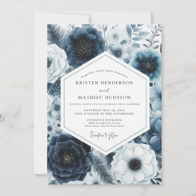 Convite Casamento Floral Romance Naval Profundo (Frente)