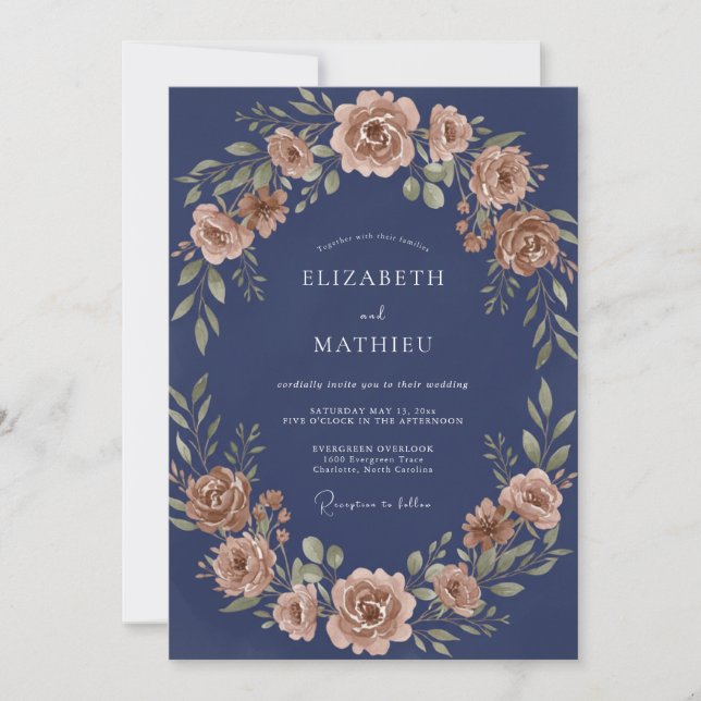 Convite Casamento Floral Romance Navy Ferrugem (Frente)