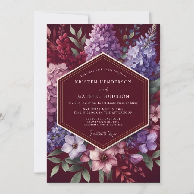 Convite Casamento Floral Romance Nocturno Borgonha (Frente)