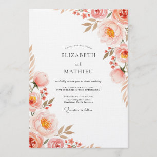 Convite Casamento Floral Romance Peônia Coral
