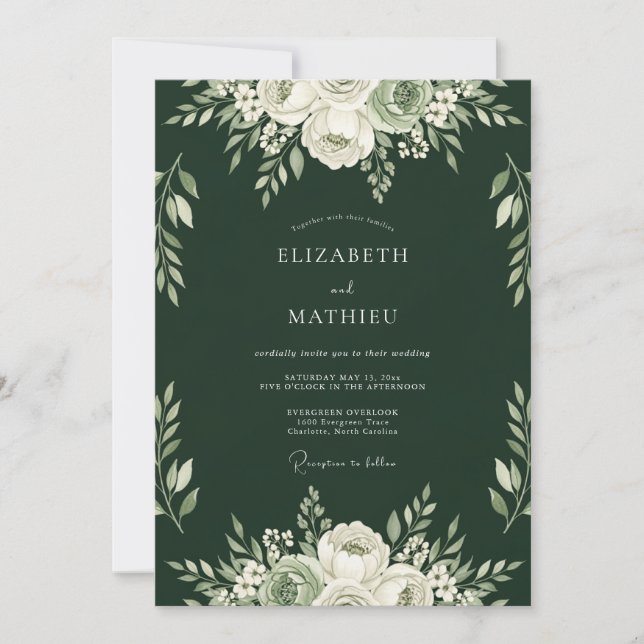 Convite Casamento Floral Romance Verde Floresta (Frente)