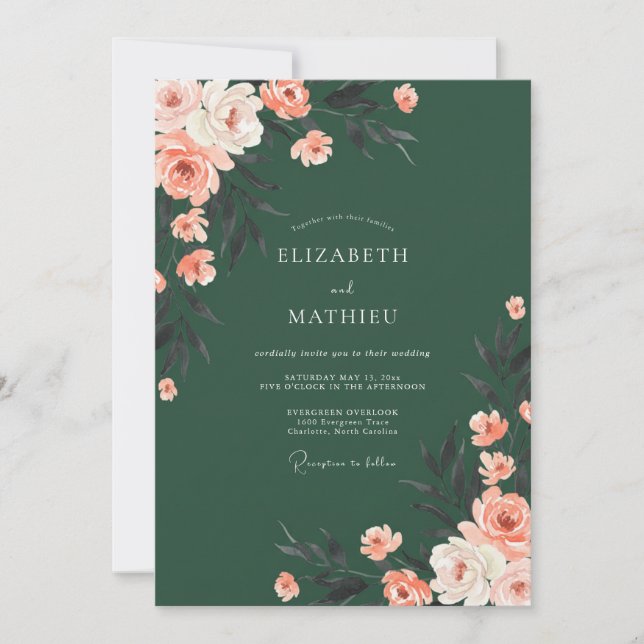 Convite Casamento Floral Romance Verde Profundo (Frente)