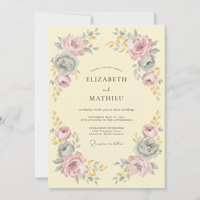 Convite Casamento Floral Romântico Amarelo Pálido (Frente)