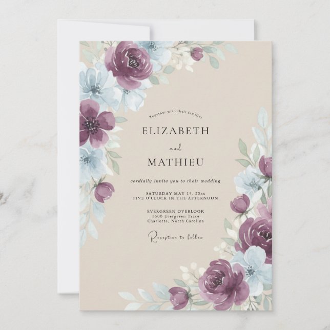 Convite Casamento Floral Romântico Ameixa (Frente)