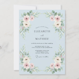 Convite Casamento Floral Romântico Azul Céu