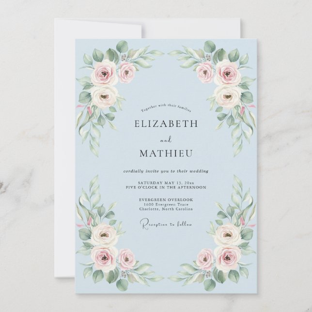 Convite Casamento Floral Romântico Azul Céu (Frente)
