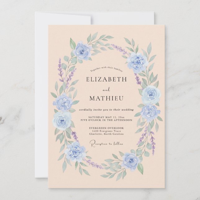 Convite Casamento Floral Romântico Azul Claro (Frente)
