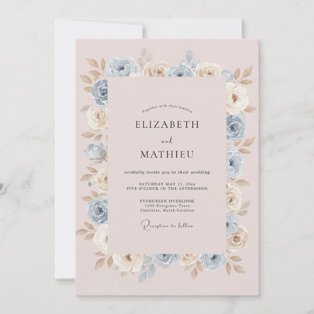 Convite Casamento Floral Romântico Azul Claro (Frente)