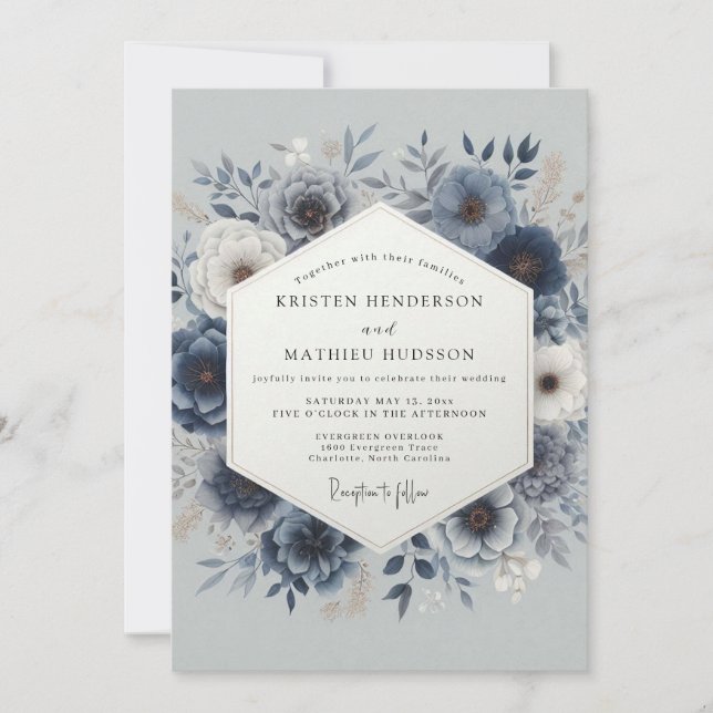 Convite Casamento Floral Romântico Azul Empoeirado (Frente)