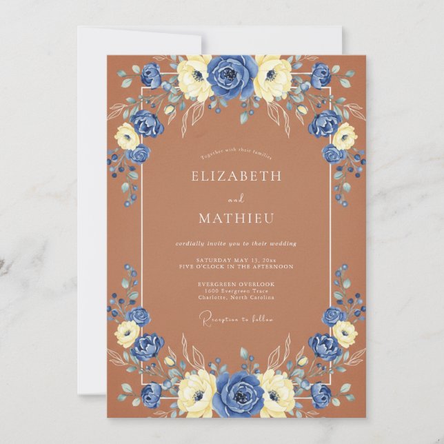 Convite Casamento Floral Romântico Azul Marfim (Frente)
