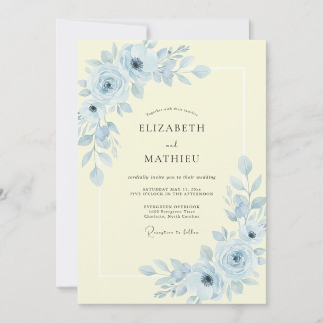 Convite Casamento Floral Romântico Azul Marfim (Frente)