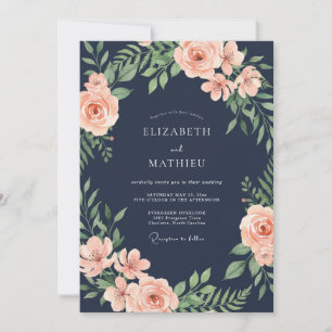 Convite Casamento Floral Romântico Azul Marinho