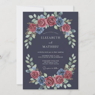 Convite Casamento Floral Romântico Azul Naval