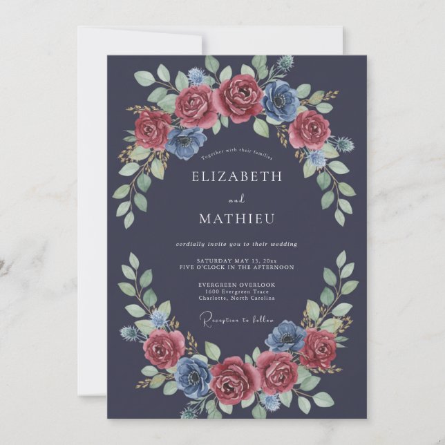 Convite Casamento Floral Romântico Azul Naval (Frente)