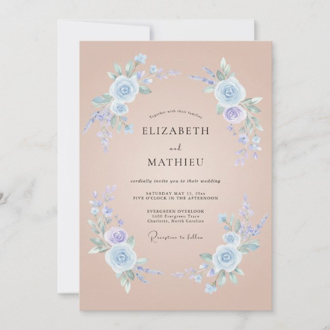 Convite Casamento Floral Romântico Azul Pó (Frente)