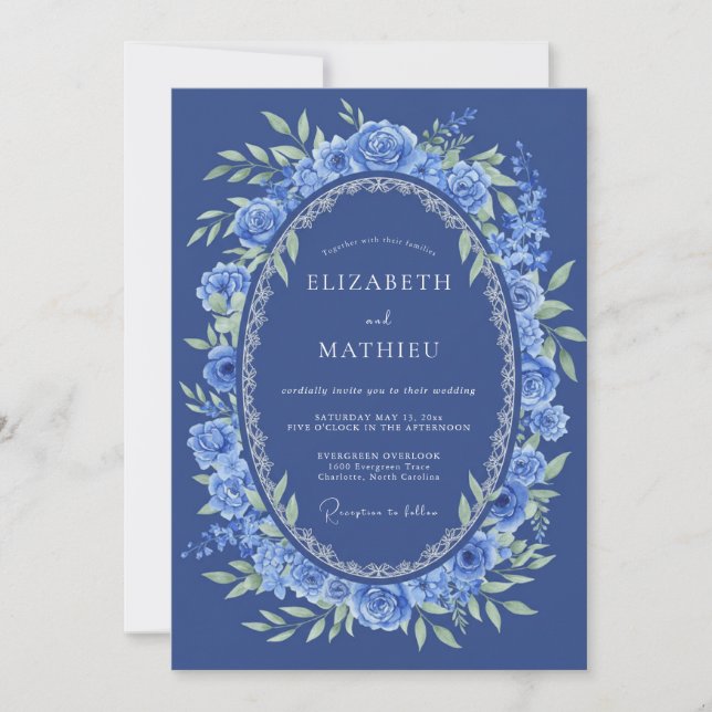Convite Casamento Floral Romântico Azul Real (Frente)