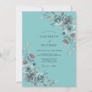 Convite Casamento Floral Romântico Azul Turquesa Sombrio