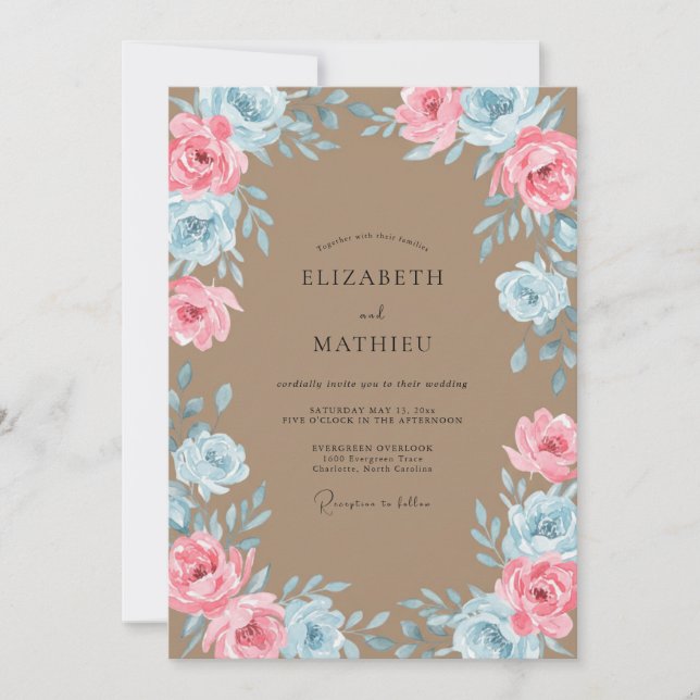 Convite Casamento Floral Romântico Bege (Frente)