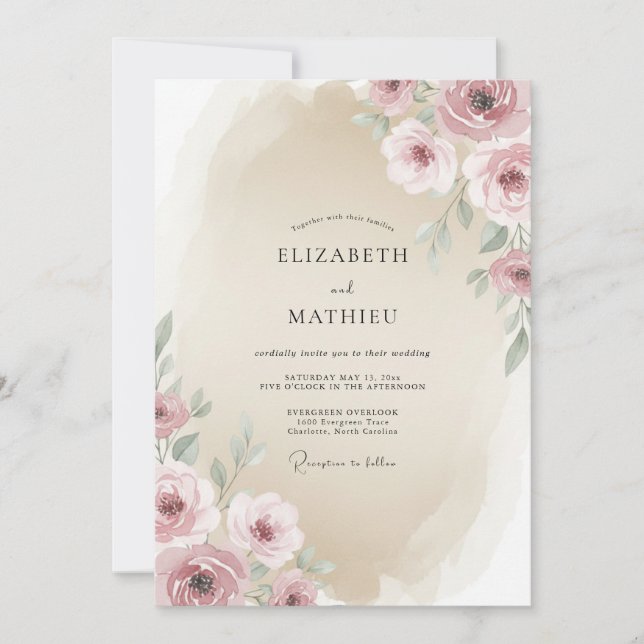 Convite Casamento Floral Romântico Bege Areia (Frente)