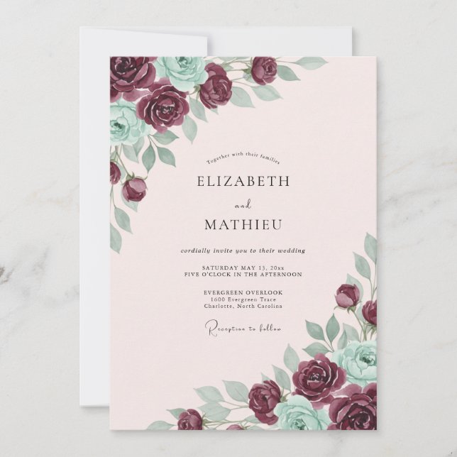 Convite Casamento Floral Romântico Bege Borgonha (Frente)