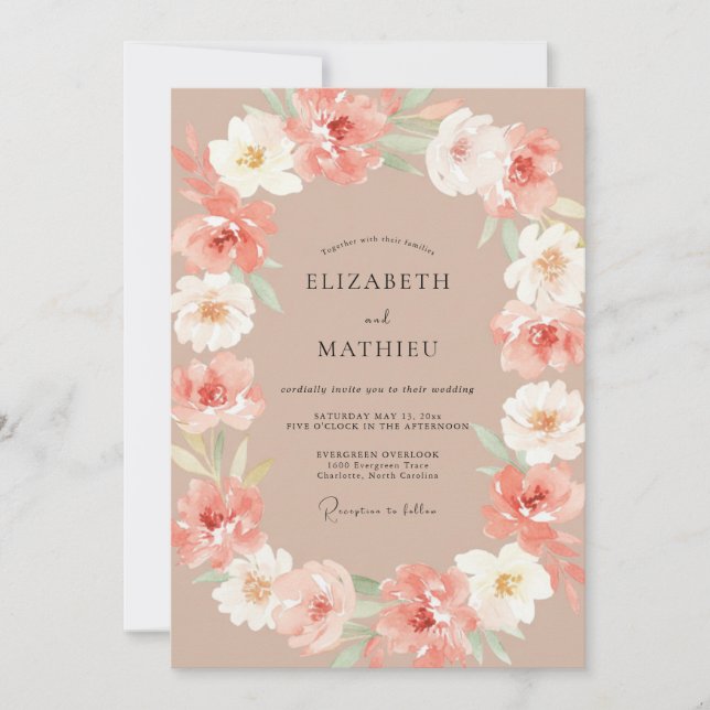 Convite Casamento Floral Romântico Bege Rosa (Frente)