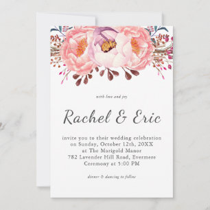 Convite Casamento Floral Romântico - Blush Peony - Rosa