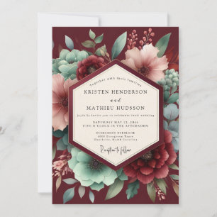 Convite Casamento Floral Romântico Borgonha Mal-humorado