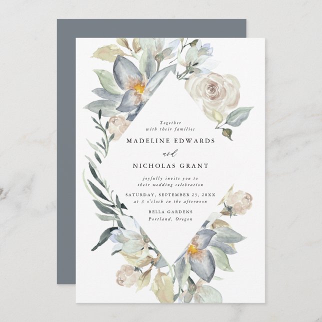 Convite Casamento Floral Romântico Branco e Azul (Frente/Verso)