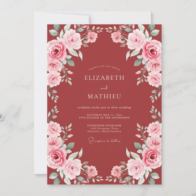 Convite Casamento Floral Romântico Carmesim (Frente)