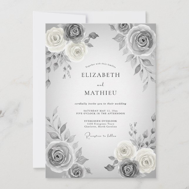 Convite Casamento Floral Romântico Cinza (Frente)