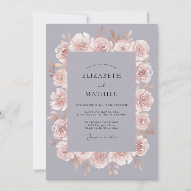 Convite Casamento Floral Romântico Cinza Ardosia (Frente)
