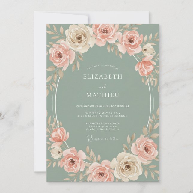 Convite Casamento Floral Romântico com Bege Sage (Frente)