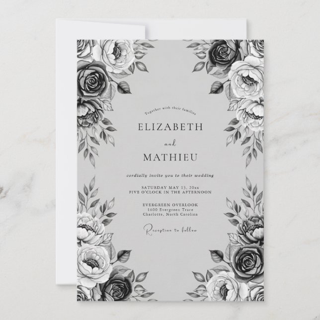Convite Casamento Floral Romântico com Carvão (Frente)