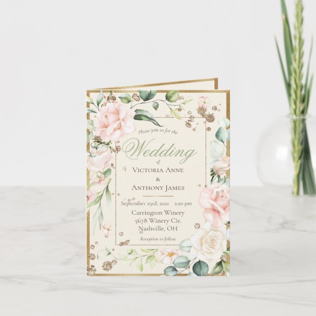 Convite Casamento Floral Romântico com Cor de Água Blush R (Frente)