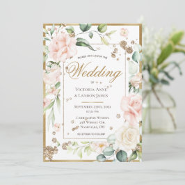 Convite Casamento Floral Romântico com Dourado Aquarela