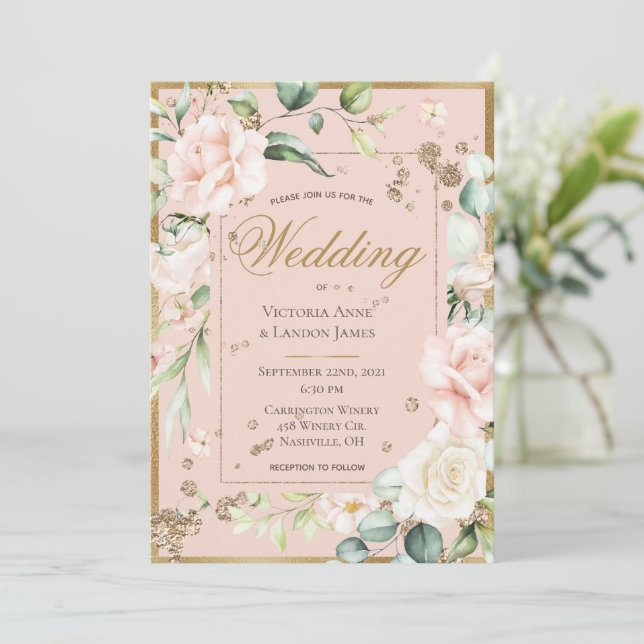 Convite Casamento Floral Romântico com Dourado Aquarela (Em pé/Frente)