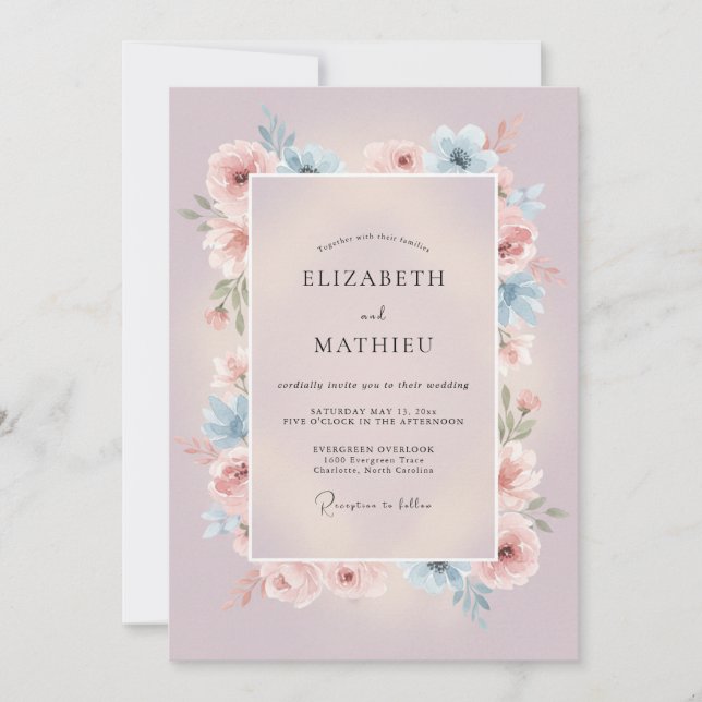Convite Casamento Floral Romântico com Redemoinho de Lavan (Frente)