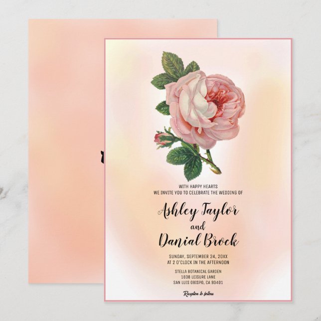 Convite Casamento floral romântico com rosa-d'água (Frente/Verso)