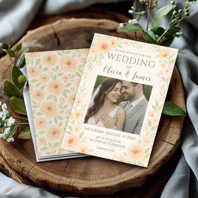 Convite Casamento Floral Romântico com Rosas de Pêssego Su (Criador carregado)