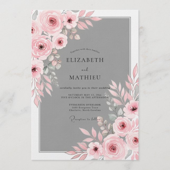 Convite Casamento Floral Romântico com Rubor Rosa (Frente)