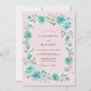 Convite Casamento Floral Romântico com Toque de Azul-Cinze
