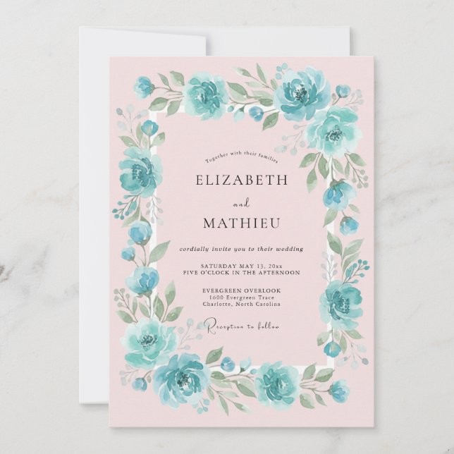 Convite Casamento Floral Romântico com Toque de Azul-Cinze (Frente)