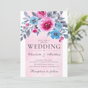 Convite Casamento Floral Romântico Cor De Rosa E Azul