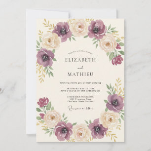 Convite Casamento Floral Romântico Creme de Ameixa