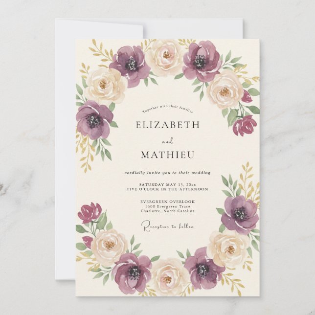 Convite Casamento Floral Romântico Creme de Ameixa (Frente)