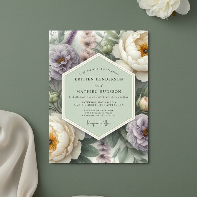 Convite Casamento Floral Romântico Creme Lavanda (Criador carregado)