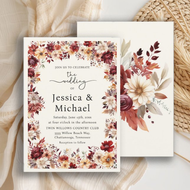 Convite Casamento Floral Romântico Creme Watercolor (Romantic burgundy and cream floral wedding invitation)